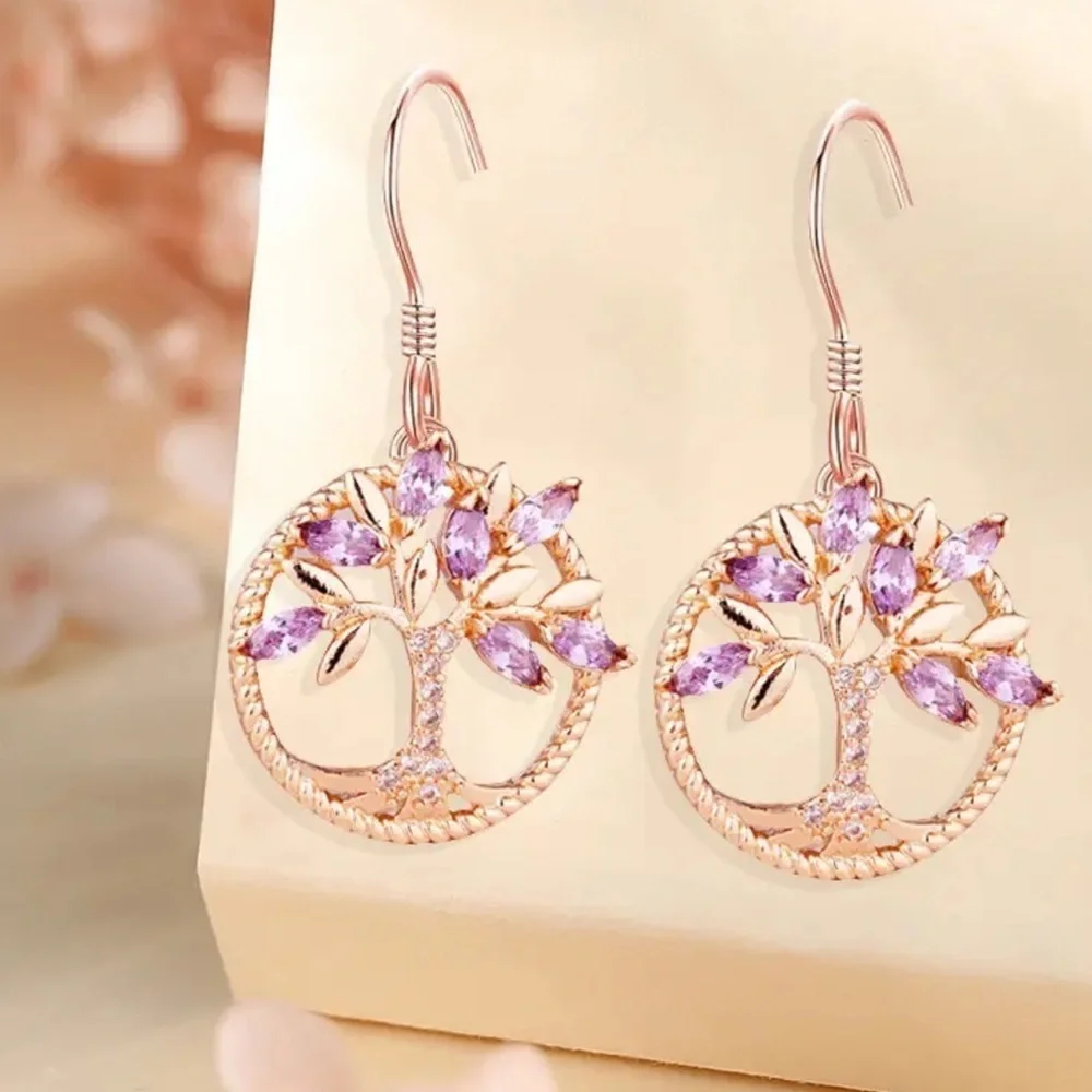 Rose Gold Tree of Life Dangle Earrings  Rhinestone Lucky Charm Christmas Gift 🎄